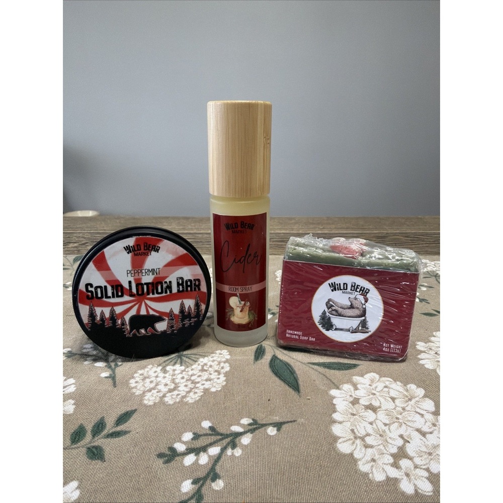 Wild Bear Market Gift Set Peppermint Lotion Bar Cider Room Spray & Handmade Soap